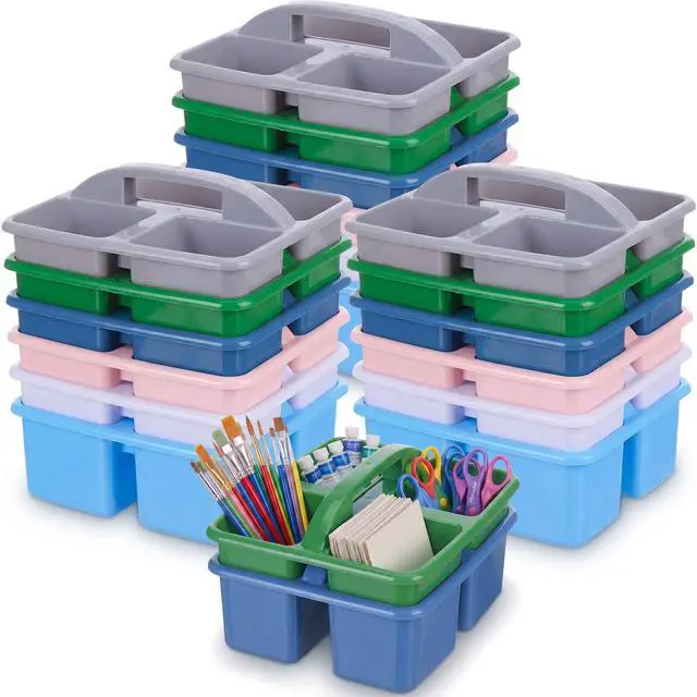 Alt view image 8 of 14 - 24 Pack Classroom Caddy Bulk, Plastic Storage Caddy with Handle and 3 Compartments, Stackable Art Supply Storage Caddies Organizer(9.3 x 8.5 x 5.1 inch,Morandi)