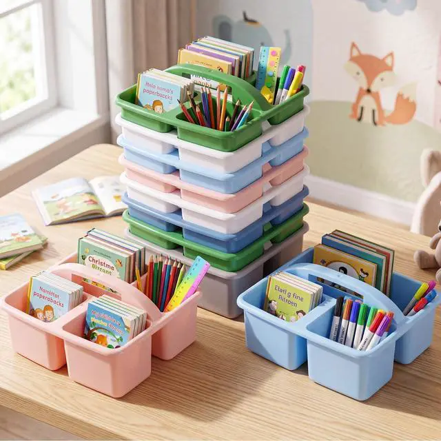 Alt view image 14 of 14 - 24 Pack Classroom Caddy Bulk, Plastic Storage Caddy with Handle and 3 Compartments, Stackable Art Supply Storage Caddies Organizer(9.3 x 8.5 x 5.1 inch,Morandi)