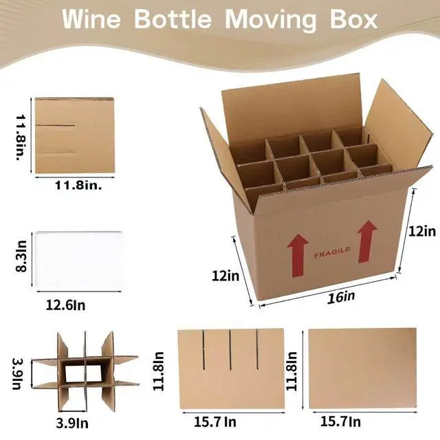 Alt view image 9 of 14 - 4 Sets Wine Bottle Moving Boxes, 16 x 12 x 12 Inch Moving Boxes with Divider Kits, Wine Shipping Box with Reinforced Cardboard & Handles, Glassware Packing Kits with Corrugate Dividers