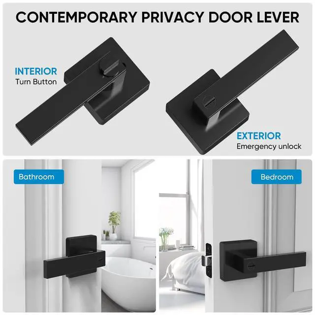 Alt view image 12 of 14 - 5PK Matte Black Door Handles Interior, Reversible Square Door Levers Knob for Hallway, Bedroom, Bathroom (with Lock, 5PK Privacy)