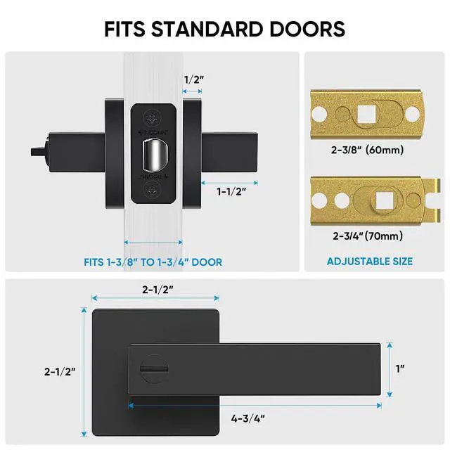Alt view image 11 of 14 - 5PK Matte Black Door Handles Interior, Reversible Square Door Levers Knob for Hallway, Bedroom, Bathroom (with Lock, 5PK Privacy)