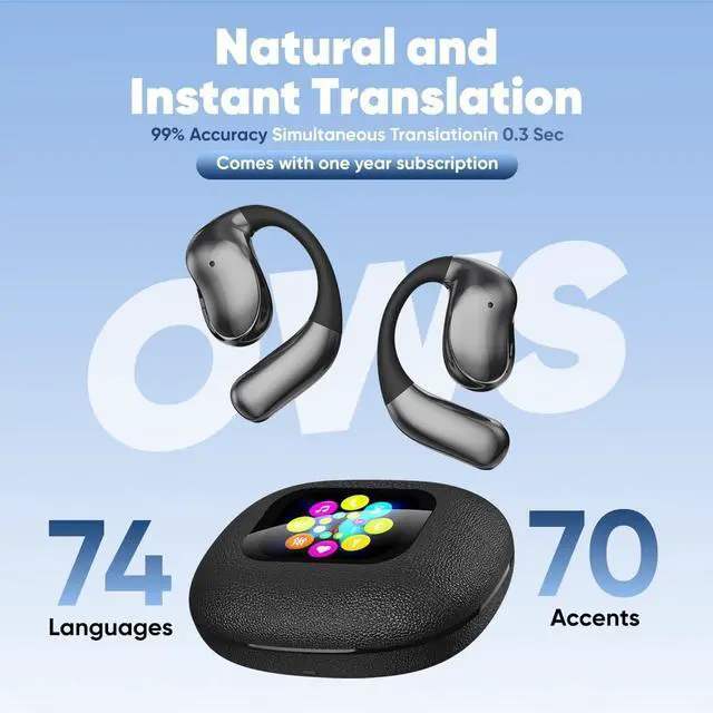 Alt view image 9 of 14 - AI Translator Earbuds Real-Time 180 Languages 8 Offline Modes OWS Touchscreen HD Sound iOS Android Compatible Extended Battery Life Suitable for Travel Business Black