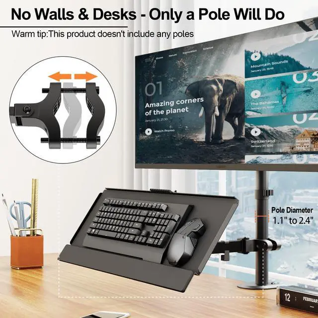 Alt view image 11 of 14 - Keyboard Tray Pole Mount - Keyboard & Mouse Mount fits Most Standard and Oversized Keyboards, Tilt & Rotation, Holds up to 2.2lbs, Black