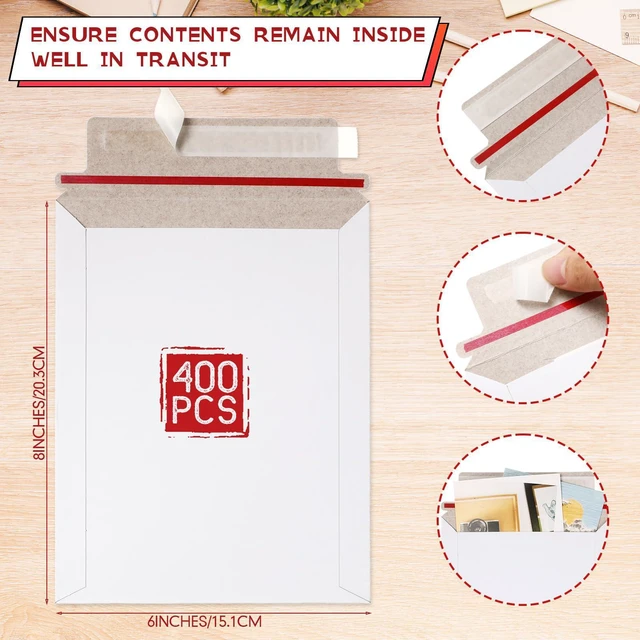 Alt view image 9 of 14 - 400 Pcs 6 x 8 Inch Rigid Mailers Self Adhesive Seal Photo Document Mailers 250gsm Keep Flat White Photography Cardboard Envelopes for Shipping Cd, Photo, Gift Card, Document, Paper