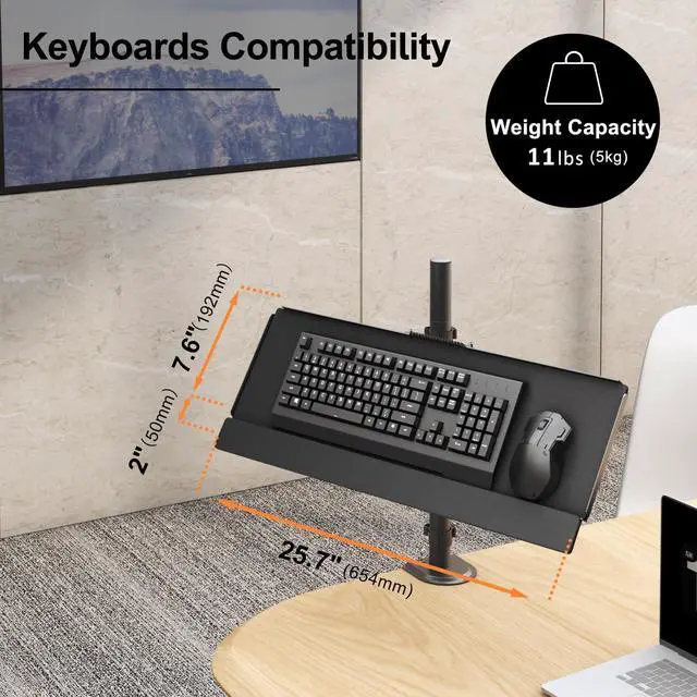 Alt view image 10 of 14 - Keyboard Tray Pole Mount - Keyboard & Mouse Mount fits Most Standard and Oversized Keyboards, Tilt & Rotation, Holds up to 2.2lbs, Black