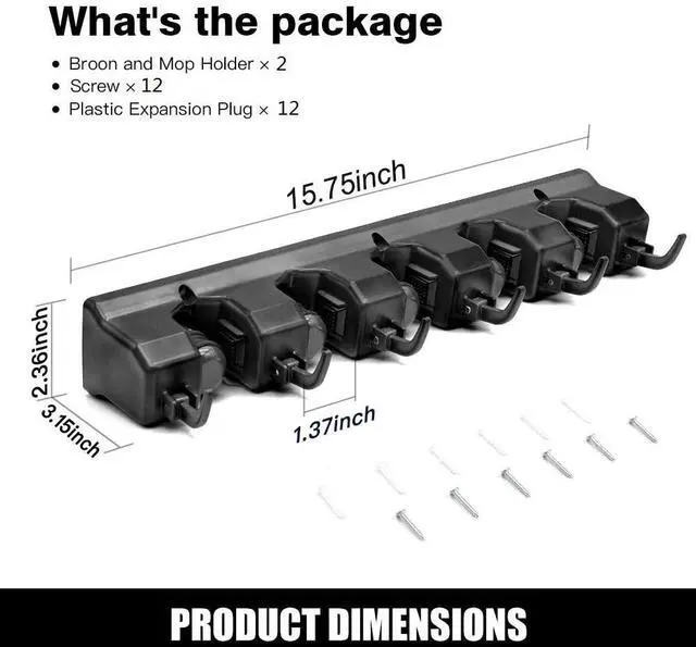 Alt view image 12 of 14 - 2 Pack Mop and Broom Holder, Wall Mount Organizer Storage Tool Rack | Broom and Mop Organizer Wall Hanging for Garage, Laundry Room, Garden, Utility, 5 Ball Slots and 6 Hooks(Black)