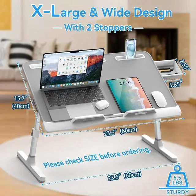 Alt view image 8 of 12 - Laptop Bed Desk, X-Large Leather Adjustable Computer Bed Table Tray, Foldable Laptop Lap Desk for Bed Sofa Couch Floor Writing Eating Working with Drawer 2 Movable Stoppers (23.6 inch, Grey)
