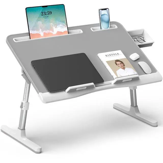 Alt view image 7 of 12 - Laptop Bed Desk, X-Large Leather Adjustable Computer Bed Table Tray, Foldable Laptop Lap Desk for Bed Sofa Couch Floor Writing Eating Working with Drawer 2 Movable Stoppers (23.6 inch, Grey)