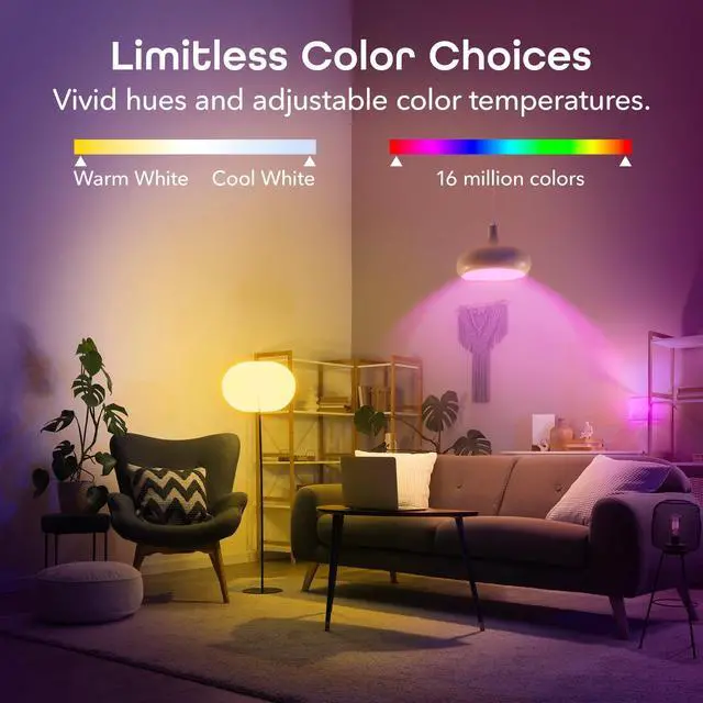Alt view image 11 of 14 - Prisma Plus 800-Lumen Dimmable Smart Bulbs, 2.4 GHz Wi-Fi, 4-Pack | Color-changing & tunable white, A19 LED smart bulb, works with Alexa & Google Home
