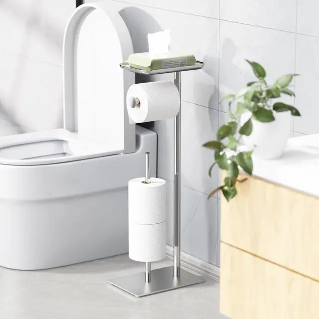 Alt view image 8 of 14 - Toilet Paper Holder Stand with Top Storage Shelf | Free Standing Toilet Roll Dispenser for Bathroom, Holds 4 Reserve Rolls, Silver