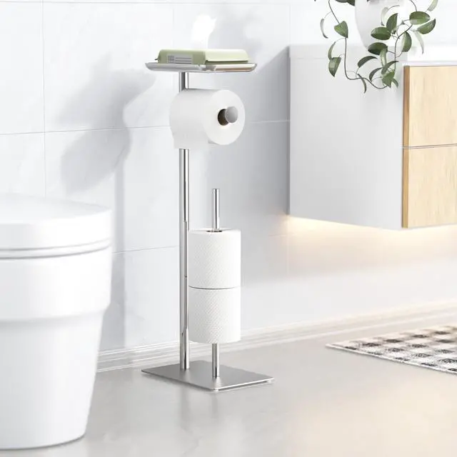Alt view image 9 of 14 - Toilet Paper Holder Stand with Top Storage Shelf | Free Standing Toilet Roll Dispenser for Bathroom, Holds 4 Reserve Rolls, Silver