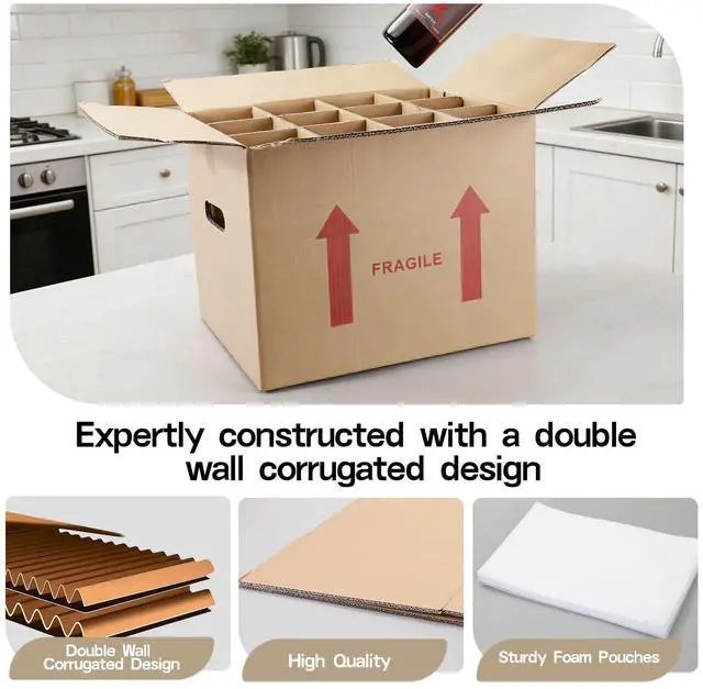 Alt view image 14 of 14 - 4 Sets Wine Bottle Moving Boxes, 16 x 12 x 12 Inch Moving Boxes with Divider Kits, Wine Shipping Box with Reinforced Cardboard & Handles, Glassware Packing Kits with Corrugate Dividers