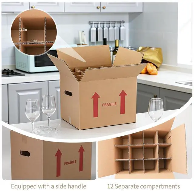 Alt view image 12 of 14 - 4 Sets Wine Bottle Moving Boxes, 16 x 12 x 12 Inch Moving Boxes with Divider Kits, Wine Shipping Box with Reinforced Cardboard & Handles, Glassware Packing Kits with Corrugate Dividers