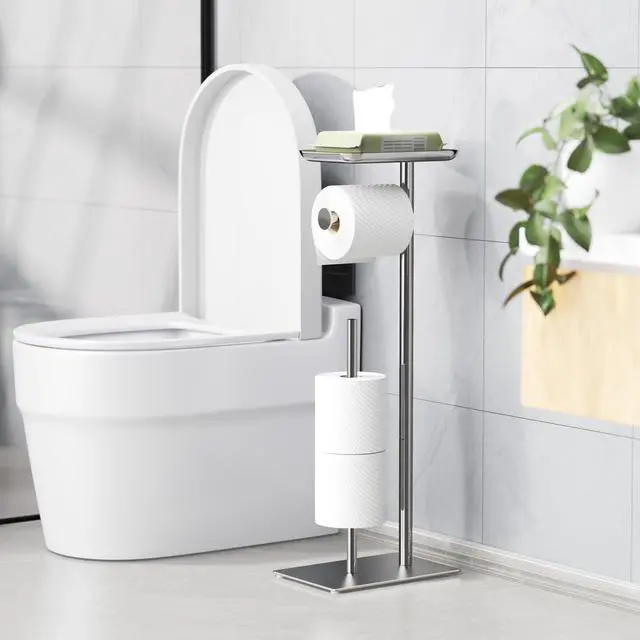 Alt view image 14 of 14 - Toilet Paper Holder Stand with Top Storage Shelf | Free Standing Toilet Roll Dispenser for Bathroom, Holds 4 Reserve Rolls, Silver