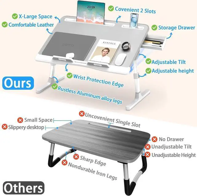 Alt view image 12 of 12 - Laptop Bed Desk, X-Large Leather Adjustable Computer Bed Table Tray, Foldable Laptop Lap Desk for Bed Sofa Couch Floor Writing Eating Working with Drawer 2 Movable Stoppers (23.6 inch, Grey)
