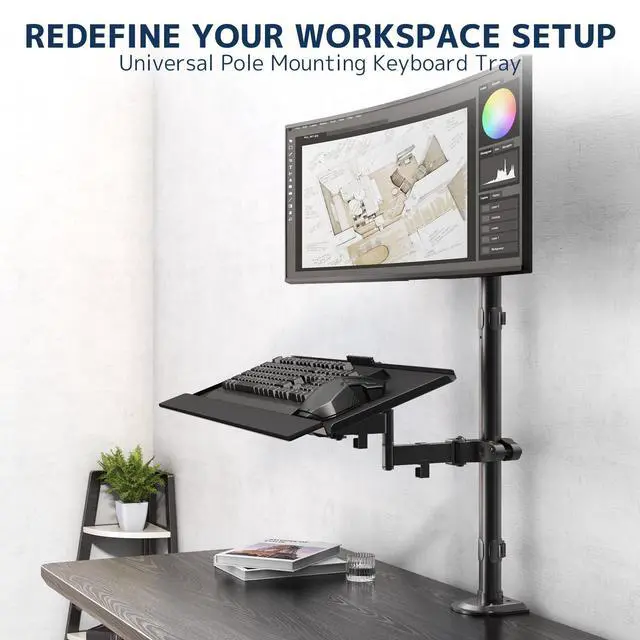 Alt view image 9 of 14 - Pole Mount Keyboard Tray - Universal 26 Inch Platform for Keyboard and Mouse, Fits 1.12.4 Poles, Rotation & Tilt Ergonomic Steel Mount Platform with Cable Management, Black