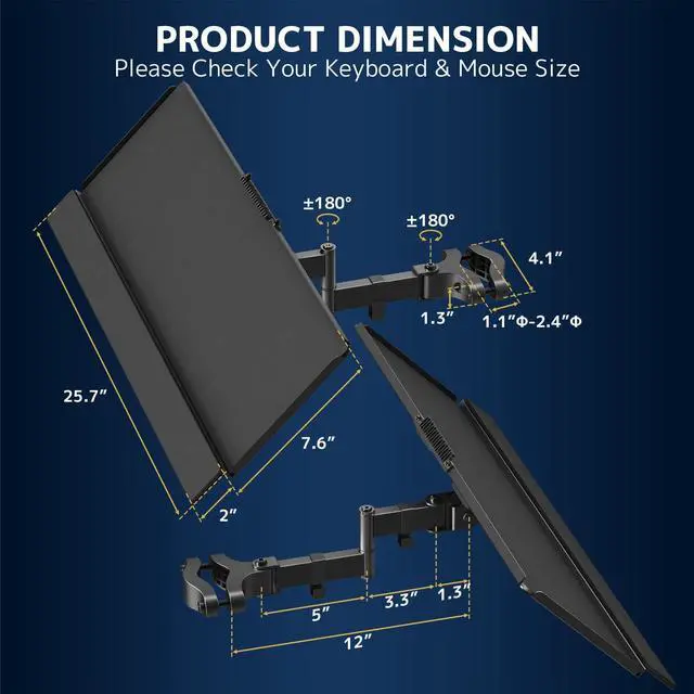 Alt view image 10 of 14 - Pole Mount Keyboard Tray - Universal 26 Inch Platform for Keyboard and Mouse, Fits 1.12.4 Poles, Rotation & Tilt Ergonomic Steel Mount Platform with Cable Management, Black