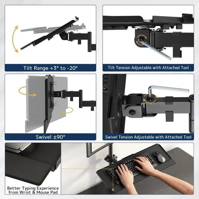 Alt view image 11 of 14 - Pole Mount Keyboard Tray - Universal 26 Inch Platform for Keyboard and Mouse, Fits 1.12.4 Poles, Rotation & Tilt Ergonomic Steel Mount Platform with Cable Management, Black