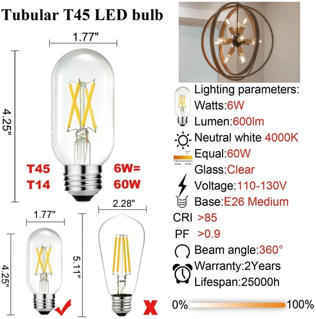 Alt view image 12 of 14 - T45 E26 Led Bulb 60 watt,Edison Bulbs,Neutral White 4000K,Clear | Dimmable,6w=60w led light bulbs,600lm,AC120V,ETL,No flicker,E26 Edison Bulb for Chandelier,Sputnik,Bathroom Light Bulbs,6Pack