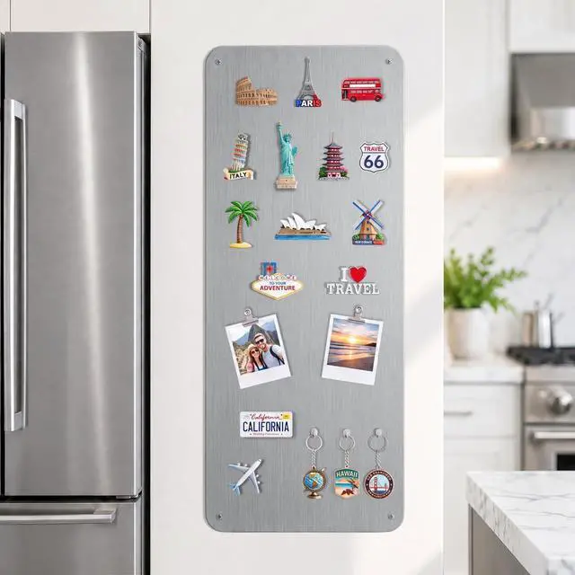 Alt view image 8 of 14 - Travel Magnetic Display Board: Non-Magnetic Fridge Wall Solution | 27.6" x 11.8" Brushed Silver Metal Panel for Souvenir Magnets & Photos - Modern Kitchen Decor for Stainless Steel Appliances