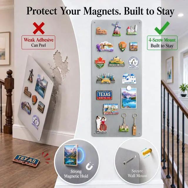 Alt view image 12 of 14 - Travel Magnetic Display Board: Non-Magnetic Fridge Wall Solution | 27.6" x 11.8" Brushed Silver Metal Panel for Souvenir Magnets & Photos - Modern Kitchen Decor for Stainless Steel Appliances