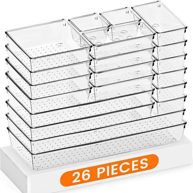 Alt view image 8 of 14 - Drawer Organizer, 26 Pack Clear Plastic Drawer Organizer Bins, Versatile Organization and Storage Trays for Kitchen, Bathroom, Vanity Makeup and Office