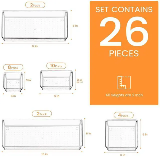 Alt view image 9 of 14 - Drawer Organizer, 26 Pack Clear Plastic Drawer Organizer Bins, Versatile Organization and Storage Trays for Kitchen, Bathroom, Vanity Makeup and Office