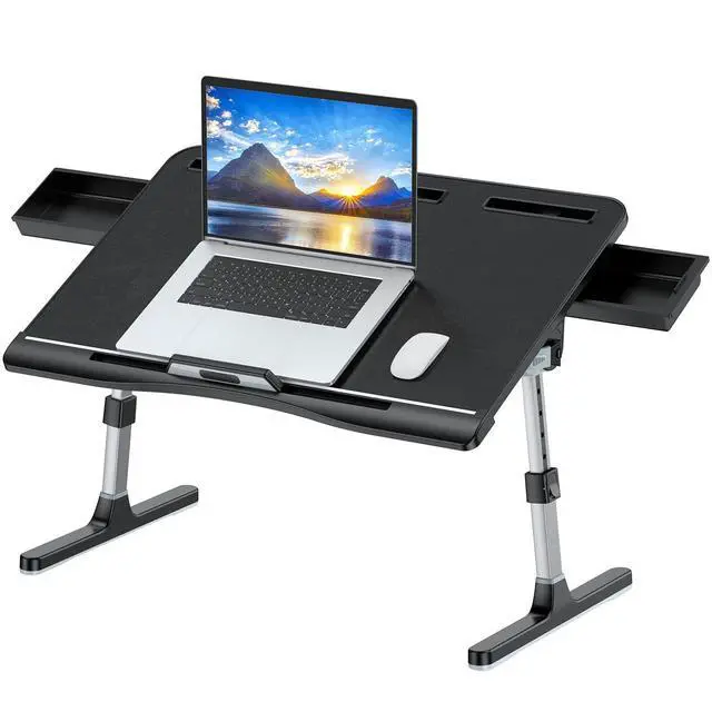 Alt view image 8 of 14 - Laptop Bed Tray Table with PVC Leather Surface, 2 Drawers, Black, XL | Foldable Lap Desk for Laptop, Multifunctional Adjustable Lap Table for Working,Writing, Gaming, Drawing