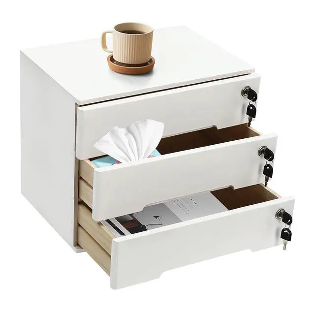 Alt view image 8 of 14 - Desk Organizer with 3 Drawers, Wooden Desktop Storage Cabinet File Holder with Locks and Keys, Storage Organizer Filing Case for Office Bedroom Home, L15.8*W11*H12.2in, White