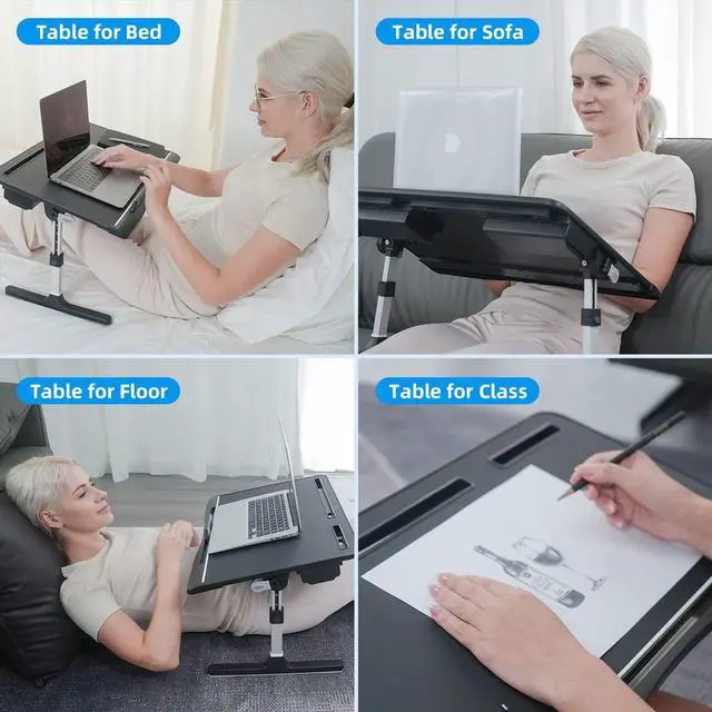 Alt view image 9 of 14 - Laptop Bed Tray Table with PVC Leather Surface, 2 Drawers, Black, XL | Foldable Lap Desk for Laptop, Multifunctional Adjustable Lap Table for Working,Writing, Gaming, Drawing