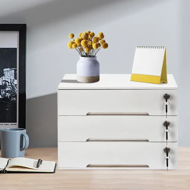 Alt view image 9 of 14 - Desk Organizer with 3 Drawers, Wooden Desktop Storage Cabinet File Holder with Locks and Keys, Storage Organizer Filing Case for Office Bedroom Home, L15.8*W11*H12.2in, White
