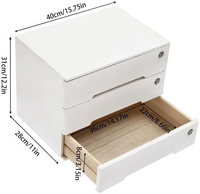 Alt view image 10 of 14 - Desk Organizer with 3 Drawers, Wooden Desktop Storage Cabinet File Holder with Locks and Keys, Storage Organizer Filing Case for Office Bedroom Home, L15.8*W11*H12.2in, White