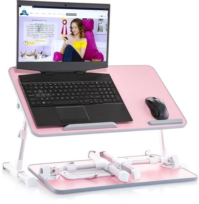 Alt view image 8 of 14 - Lap Desk Pink Large Wood Top - Fits Up to 17" Laptop - with Dual Cushion, Wrist Rest & Built-in Mouse Pad, Portable Laptop Stand for Bed, Multifunctional Slot for Tablet, Pen & Phone
