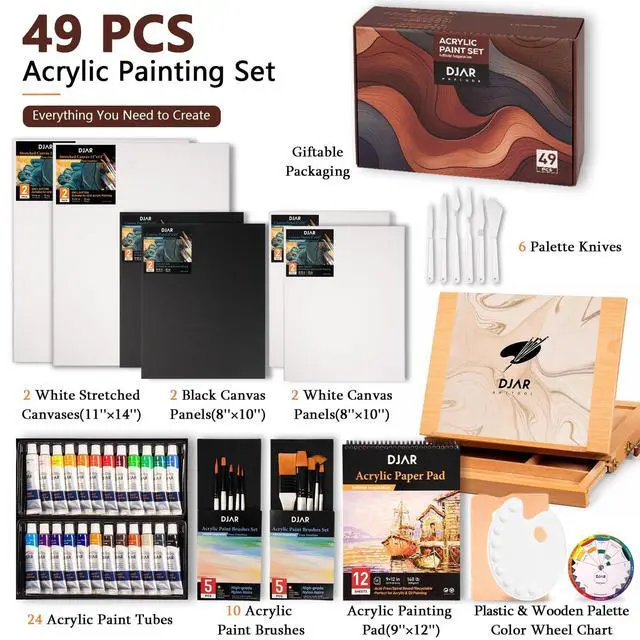 Alt view image 9 of 14 - 49 Pcs Acrylic Paint Set with Tabletop Easel Box, 24 Colors | All-in-One Painting Kit with Sketchbook, Painting Pads & Palette, Complete Art Supplies Kit for Adults, Teens, and Beginners