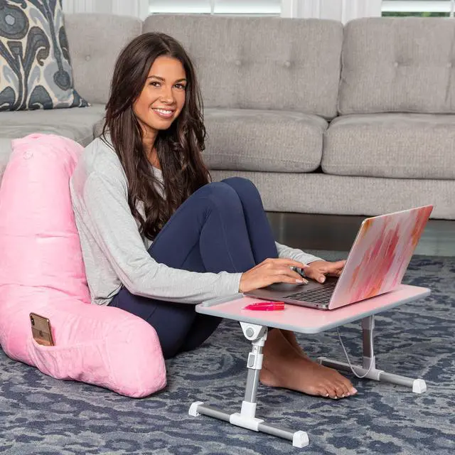 Alt view image 11 of 14 - Lap Desk Pink Large Wood Top - Fits Up to 17" Laptop - with Dual Cushion, Wrist Rest & Built-in Mouse Pad, Portable Laptop Stand for Bed, Multifunctional Slot for Tablet, Pen & Phone