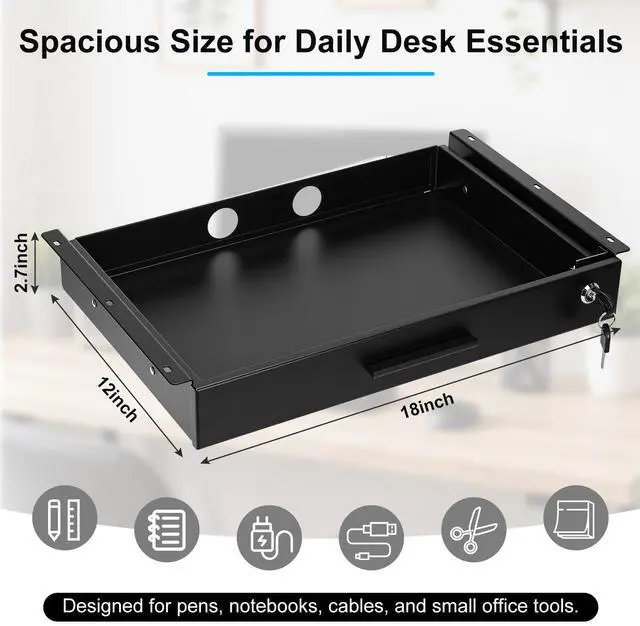 Alt view image 9 of 14 - 18'' x 12'' Under Desk Drawer Slide Out Storage Organizer, Lockable Metal Desk Drawer for Laptop and Office Accessories, Large Hidden Under Table Storage Box with Cable Management, Black