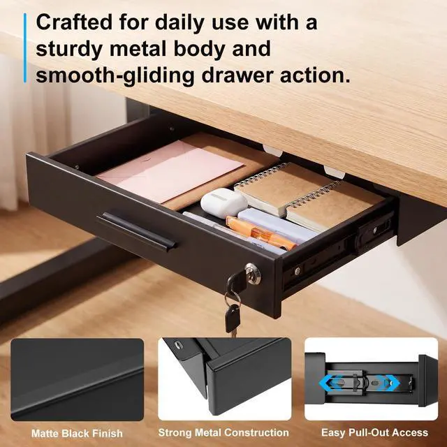 Alt view image 10 of 14 - 18'' x 12'' Under Desk Drawer Slide Out Storage Organizer, Lockable Metal Desk Drawer for Laptop and Office Accessories, Large Hidden Under Table Storage Box with Cable Management, Black