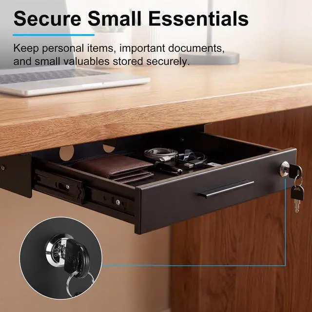 Alt view image 11 of 14 - 18'' x 12'' Under Desk Drawer Slide Out Storage Organizer, Lockable Metal Desk Drawer for Laptop and Office Accessories, Large Hidden Under Table Storage Box with Cable Management, Black