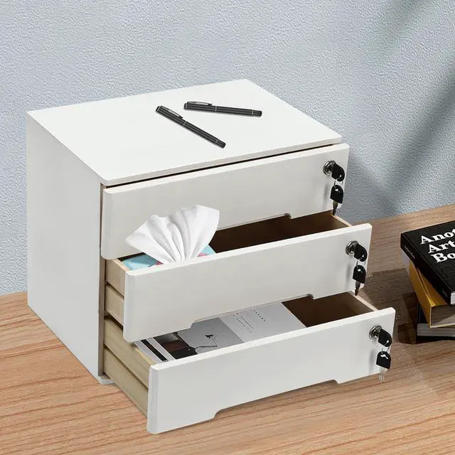 Alt view image 11 of 14 - Desk Organizer with 3 Drawers, Wooden Desktop Storage Cabinet File Holder with Locks and Keys, Storage Organizer Filing Case for Office Bedroom Home, L15.8*W11*H12.2in, White