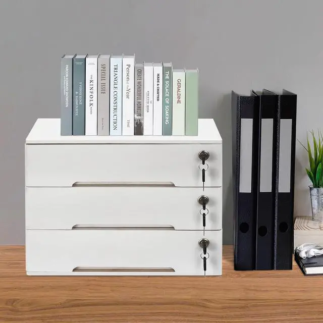 Alt view image 13 of 14 - Desk Organizer with 3 Drawers, Wooden Desktop Storage Cabinet File Holder with Locks and Keys, Storage Organizer Filing Case for Office Bedroom Home, L15.8*W11*H12.2in, White