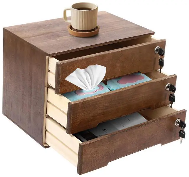 Alt view image 8 of 14 - Desk Organizer with 3 Drawers, Wooden Desktop Storage Cabinet File Holder with Locks and Keys, Storage Organizer Filing Case for Office Bedroom Home, L15.8*W11*H12.2in, Walnut