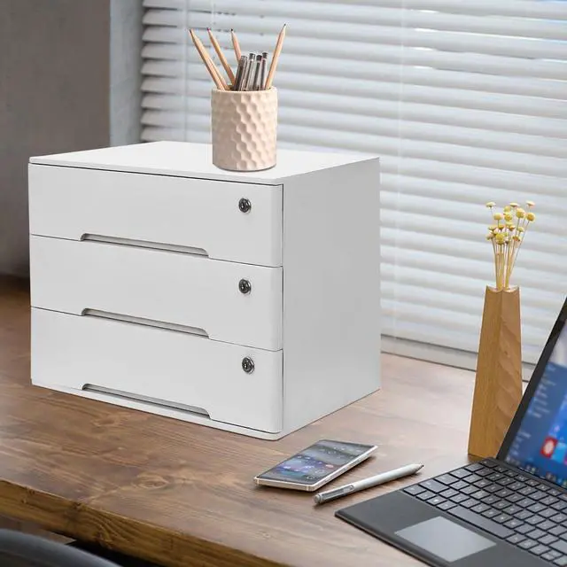 Alt view image 12 of 14 - Desk Organizer with 3 Drawers, Wooden Desktop Storage Cabinet File Holder with Locks and Keys, Storage Organizer Filing Case for Office Bedroom Home, L15.8*W11*H12.2in, White