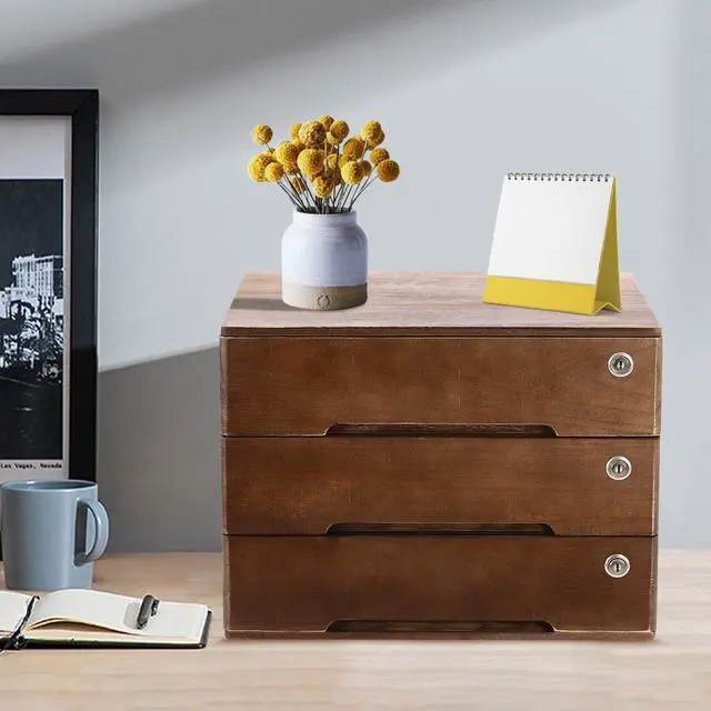 Alt view image 9 of 14 - Desk Organizer with 3 Drawers, Wooden Desktop Storage Cabinet File Holder with Locks and Keys, Storage Organizer Filing Case for Office Bedroom Home, L15.8*W11*H12.2in, Walnut