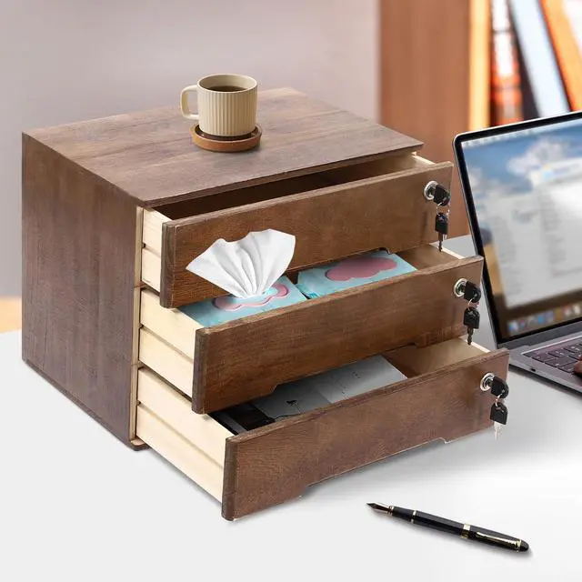 Alt view image 11 of 14 - Desk Organizer with 3 Drawers, Wooden Desktop Storage Cabinet File Holder with Locks and Keys, Storage Organizer Filing Case for Office Bedroom Home, L15.8*W11*H12.2in, Walnut