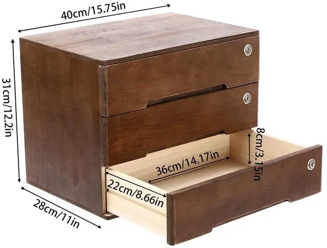 Alt view image 10 of 14 - Desk Organizer with 3 Drawers, Wooden Desktop Storage Cabinet File Holder with Locks and Keys, Storage Organizer Filing Case for Office Bedroom Home, L15.8*W11*H12.2in, Walnut