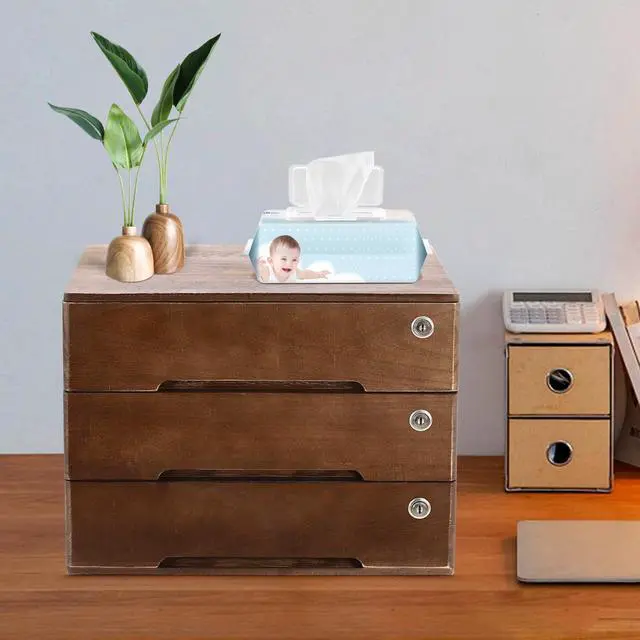 Alt view image 12 of 14 - Desk Organizer with 3 Drawers, Wooden Desktop Storage Cabinet File Holder with Locks and Keys, Storage Organizer Filing Case for Office Bedroom Home, L15.8*W11*H12.2in, Walnut