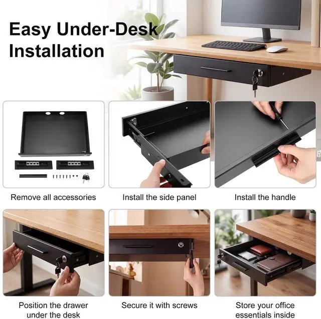 Alt view image 14 of 14 - 18'' x 12'' Under Desk Drawer Slide Out Storage Organizer, Lockable Metal Desk Drawer for Laptop and Office Accessories, Large Hidden Under Table Storage Box with Cable Management, Black