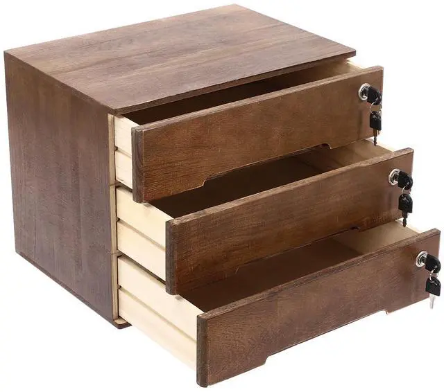 Alt view image 14 of 14 - Desk Organizer with 3 Drawers, Wooden Desktop Storage Cabinet File Holder with Locks and Keys, Storage Organizer Filing Case for Office Bedroom Home, L15.8*W11*H12.2in, Walnut