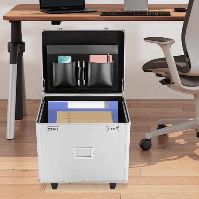 Alt view image 14 of 14 - Portable Locking File Storage, Aluminum Alloy Document Box with Wheels Rolling File Storage Organizer Box Large Capacity Multifunctional Filing Cabinet with Security Code Lock for Office Home