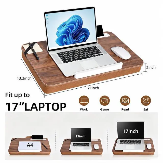 Alt view image 7 of 10 - Wooden Lap Desk with Handle, Natural Wood Grain Finish, Portable Laptop Table with pohone Slots